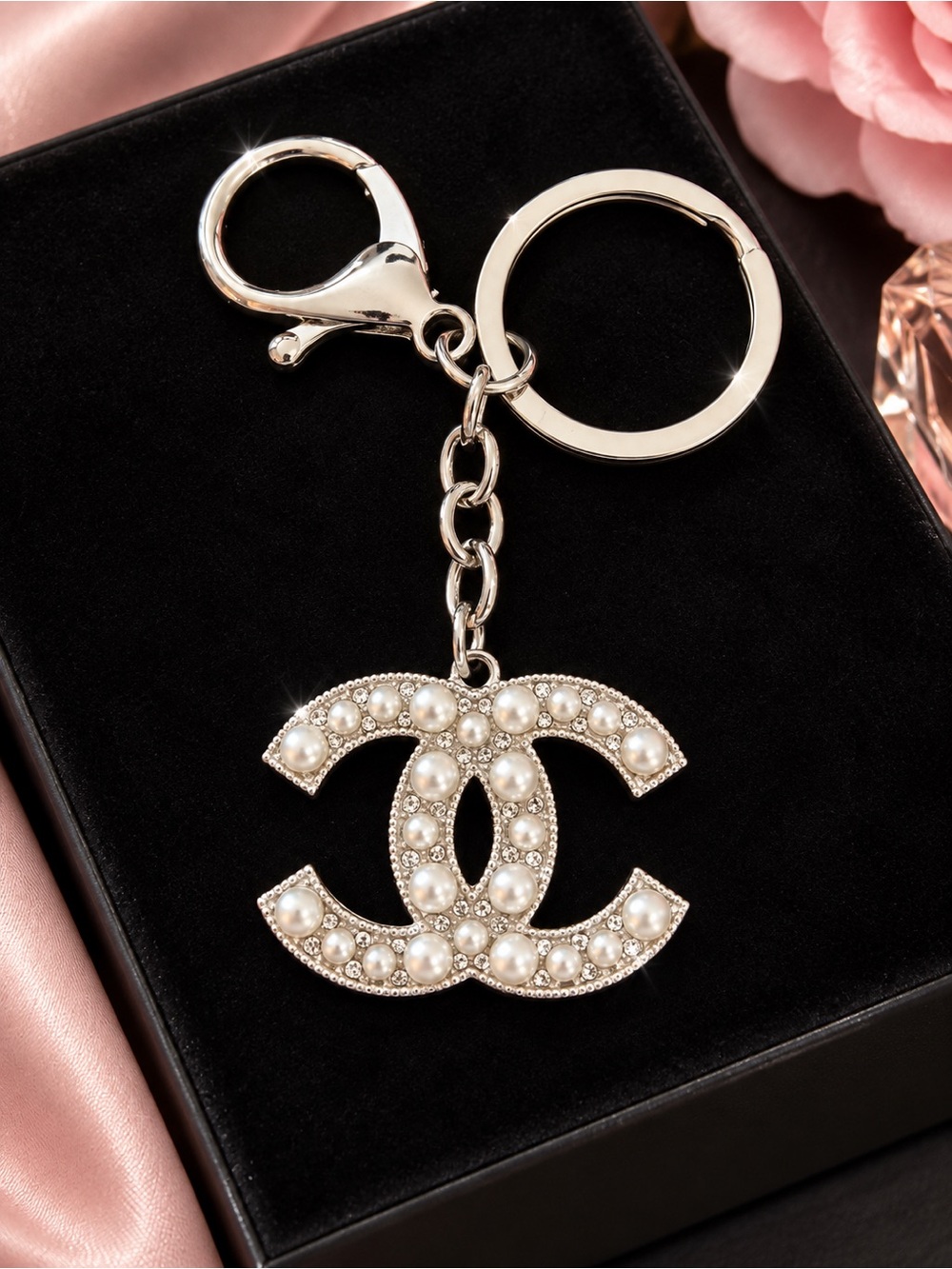 Pearl & Rhinestone CC Logo Keychain Purse Charm Silver Tone